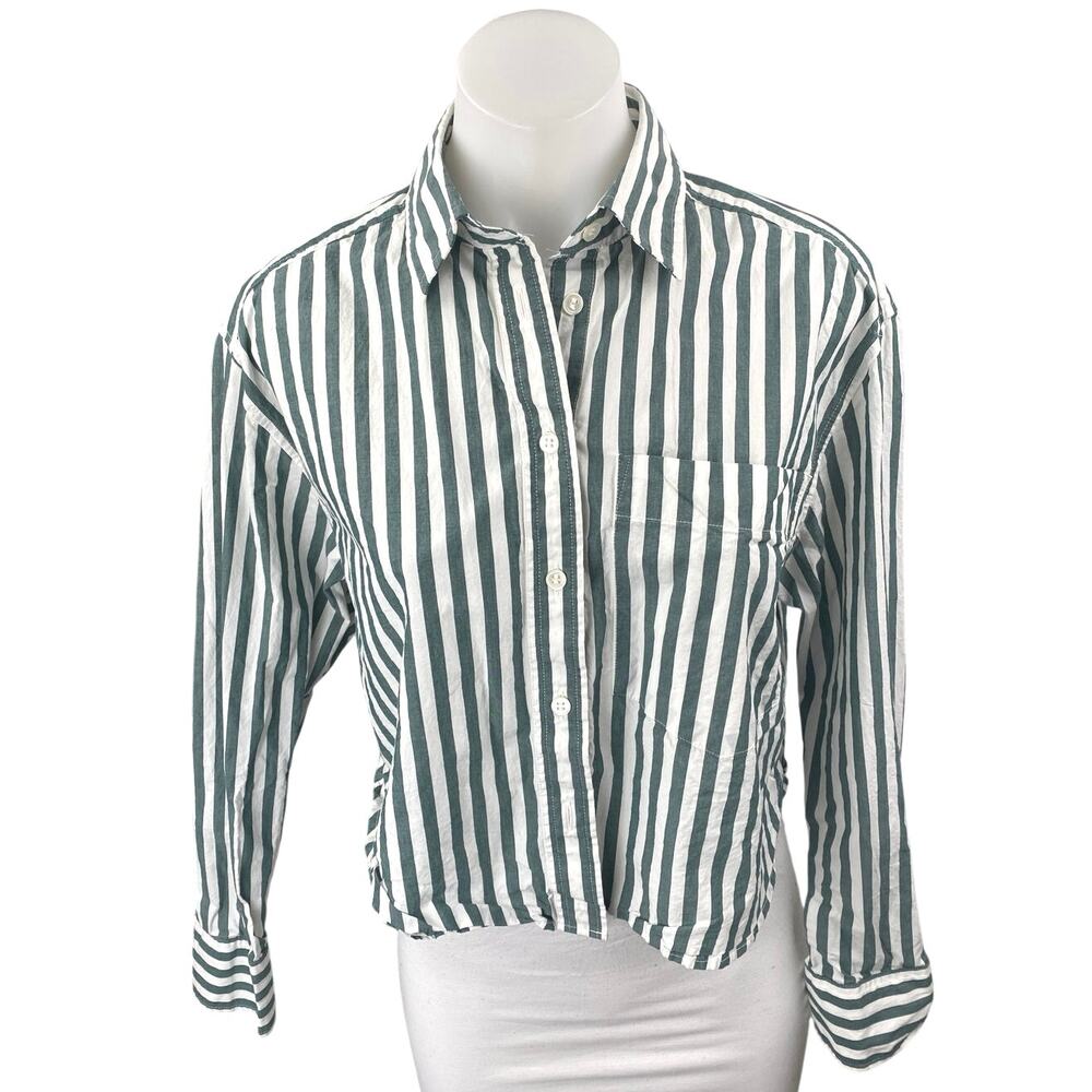 Banana Republic Women's Green White Striped Long Sleeve Button Up Shirt Top XS